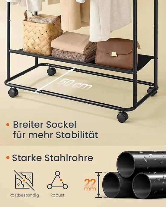 FurnStar Kledingrek op wieltjes - Kapstok - 155 x 103 x 39 cm - Metaal - Zwart – 189 x 103 x 50cm