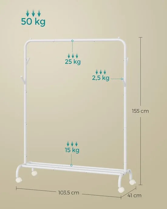 Furnstar Kledingrek op wieltjes kledingstang garderobestand kapstok van stalen buizen 103.5 cm breed multifunctionele opslag wolkenwit