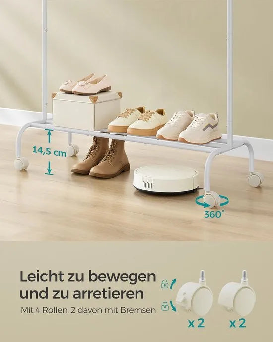 Furnstar Kledingrek op wieltjes kledingstang garderobestand kapstok van stalen buizen 103.5 cm breed multifunctionele opslag wolkenwit