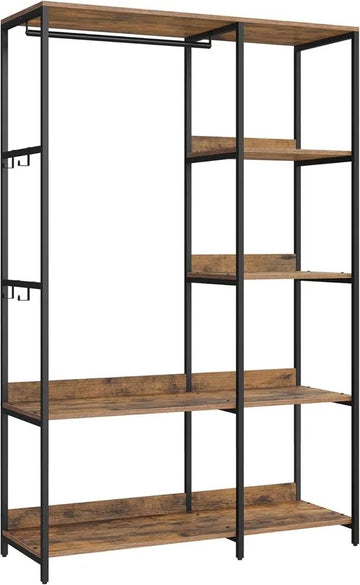 Furnstar Kledingrek -Open Garderobekast -Kledingstang -Garderobekast met Planken - Metalen Garderobekast Vrijstaand – Planken - Afneembare haken - 40 x 98 x 181 cm - Vintage bruin