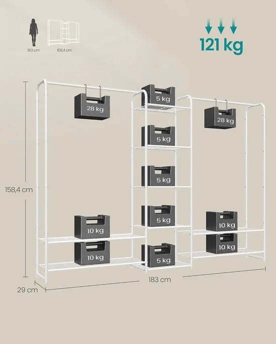 Furnstar Kledingrek - Open Garderobekast - Kledingstang - Garderobekast met Planken - Metalen - Garderobekast Vrijstaand - 29 x 183 x 158.4 cm - Matwit