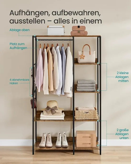Furnstar Kledingrek -Open Garderobekast -Kledingstang -Garderobekast met Planken - Metalen Garderobekast Vrijstaand – Planken - Afneembare haken - 40 x 98 x 181 cm - Vintage bruin