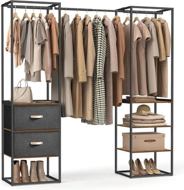 Furnstar Kledingrek Open Kledingkast – Hoog Belastbaar – 1 Uittrekbare Stang – 2 Lades – 4 Planken – Vintage Bruin Zwart – 40 x 180 x 180 cm