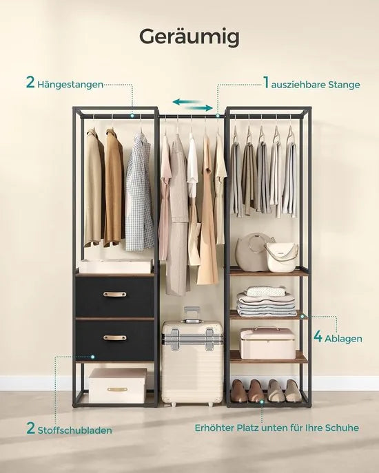 Furnstar Kledingrek Open Kledingkast – Hoog Belastbaar – 1 Uittrekbare Stang – 2 Lades – 4 Planken – Vintage Bruin Zwart – 40 x 180 x 180 cm