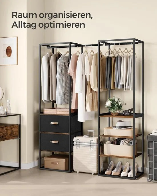 Furnstar Kledingrek Open Kledingkast – Hoog Belastbaar – 1 Uittrekbare Stang – 2 Lades – 4 Planken – Vintage Bruin Zwart – 40 x 180 x 180 cm