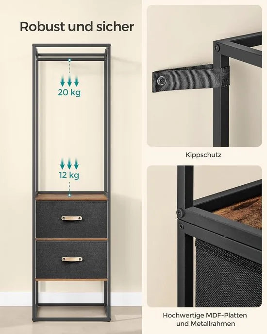 Furnstar Kledingrek Open Kledingkast – Hoog Belastbaar – 1 Uittrekbare Stang – 2 Lades – 4 Planken – Vintage Bruin Zwart – 40 x 180 x 180 cm