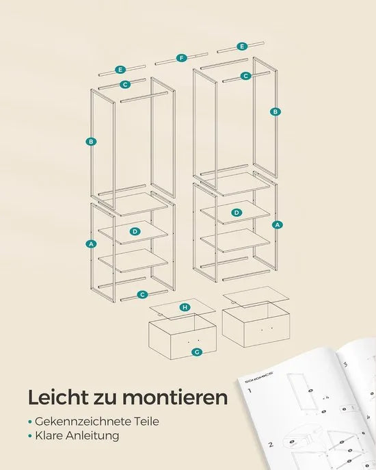 Furnstar Kledingrek Open Kledingkast – Hoog Belastbaar – 1 Uittrekbare Stang – 2 Lades – 4 Planken – Vintage Bruin Zwart – 40 x 180 x 180 cm