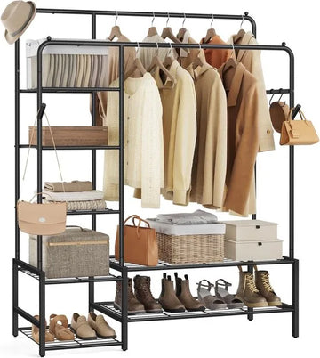 Furnstar Kledingrek - Open kledingkast - Kapstok met 7 planken - Metalen frame -Kledingstang voor slaapkamer,woonkamer, entree - 115,8 x 45 x 172,8 cm -Zwart