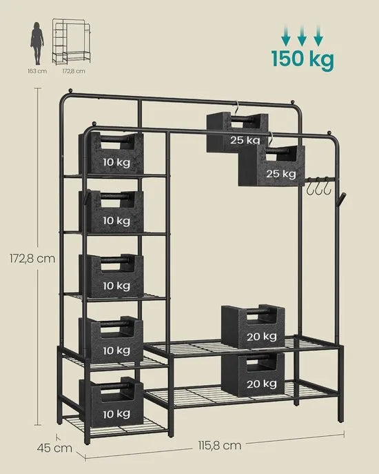 Furnstar Kledingrek - Open kledingkast - Kapstok met 7 planken - Metalen frame -Kledingstang voor slaapkamer,woonkamer, entree - 115,8 x 45 x 172,8 cm -Zwart