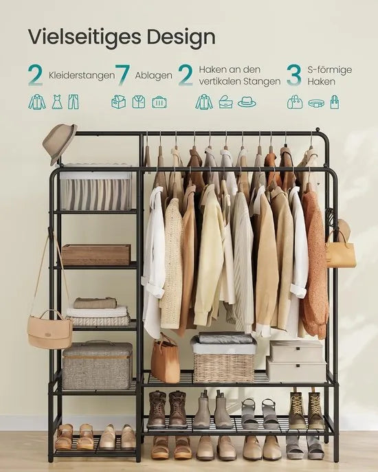 Furnstar Kledingrek - Open kledingkast - Kapstok met 7 planken - Metalen frame -Kledingstang voor slaapkamer,woonkamer, entree - 115,8 x 45 x 172,8 cm -Zwart