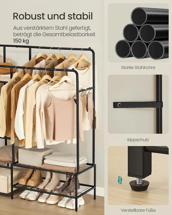Furnstar Kledingrek - Open kledingkast - Kapstok met 7 planken - Metalen frame -Kledingstang voor slaapkamer,woonkamer, entree - 115,8 x 45 x 172,8 cm -Zwart