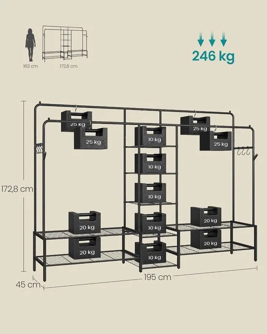 Furnstar Kledingrek - Open kledingkast - Kapstok met 9 planken - Metalen frame - Kledingstang voor slaapkamer /woonkamer/ entree - Zwart