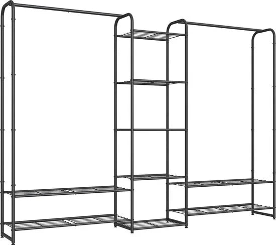 FurnStar - Kledingrek - Open kledingkast - Kledingstang - Kapstok met planken -Garderobe van metaal - Vrijstaand - 73 cm - Matzwart – 29 x 183 x 158,4cm 29 x 183 x 158,4 cm Matzwart (2022)