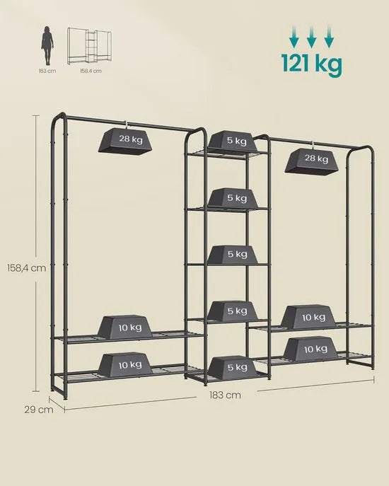 FurnStar - Kledingrek - Open kledingkast - Kledingstang - Kapstok met planken -Garderobe van metaal - Vrijstaand - 112cm -Matzwart
