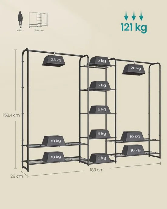 FurnStar - Kledingrek - Open kledingkast - Kledingstang - Kapstok met planken -Garderobe van metaal - Vrijstaand - 73 cm - Matzwart – 29 x 183 x 158,4cm 29 x 183 x 158,4 cm Matzwart (2022)