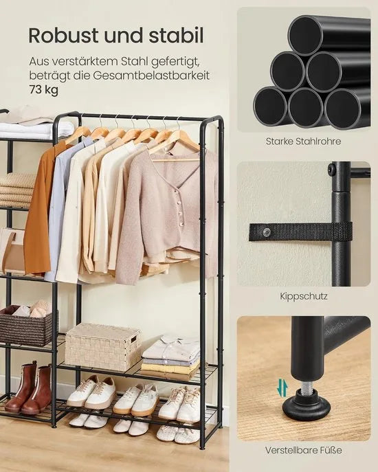 FurnStar - Kledingrek - Open kledingkast - Kledingstang - Kapstok met planken -Garderobe van metaal - Vrijstaand - 73 cm - Matzwart – 112cm -Matzwart (5443)