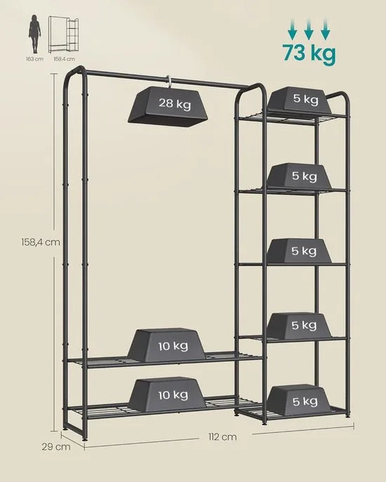 FurnStar - Kledingrek - Open kledingkast - Kledingstang - Kapstok met planken -Garderobe van metaal - Vrijstaand - 112cm -Matzwart