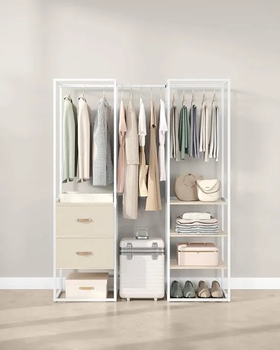 FurnStar Kledingrek – Open Kledingkast met 1 Uittrekbare Stang, 2 Lades & 4 Planken – Zeer Belastbaar – Ruimtebesparend – Voor Slaapkamer – Natuurlijk Beige