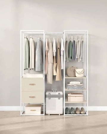 FurnStar Kledingrek – Open Kledingkast met 1 Uittrekbare Stang, 2 Lades & 4 Planken – Zeer Belastbaar – Ruimtebesparend – Voor Slaapkamer – Natuurlijk Beige