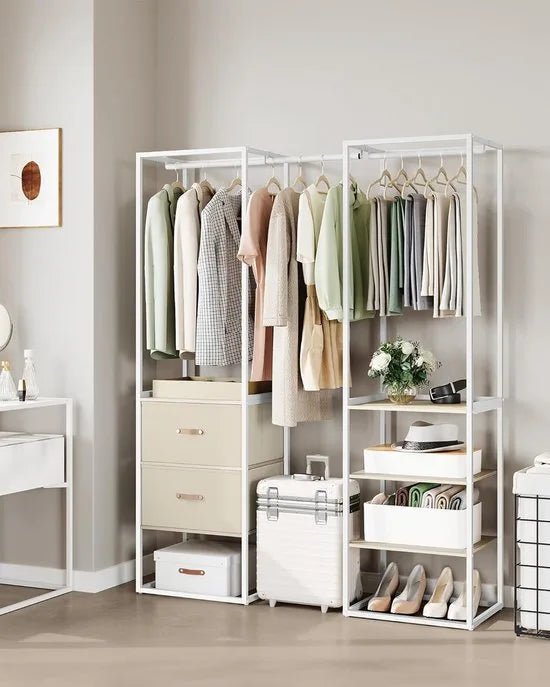 FurnStar Kledingrek – Open Kledingkast met 1 Uittrekbare Stang, 2 Lades & 4 Planken – Zeer Belastbaar – Ruimtebesparend – Voor Slaapkamer – Natuurlijk Beige