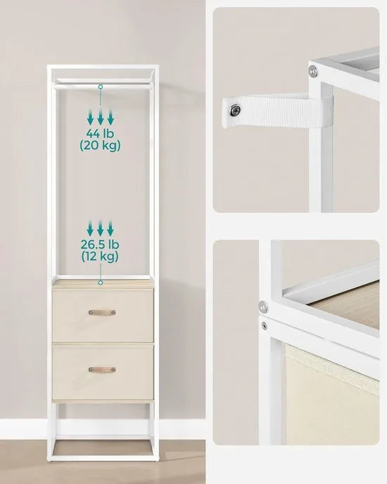 FurnStar Kledingrek – Open Kledingkast met 1 Uittrekbare Stang, 2 Lades & 4 Planken – Zeer Belastbaar – Ruimtebesparend – Voor Slaapkamer – Natuurlijk Beige