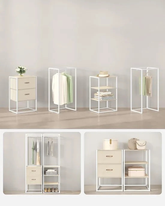 FurnStar Kledingrek – Open Kledingkast met 1 Uittrekbare Stang, 2 Lades & 4 Planken – Zeer Belastbaar – Ruimtebesparend – Voor Slaapkamer – Natuurlijk Beige