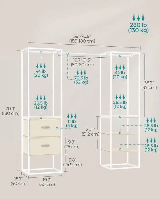 FurnStar Kledingrek – Open Kledingkast met 1 Uittrekbare Stang, 2 Lades & 4 Planken – Zeer Belastbaar – Ruimtebesparend – Voor Slaapkamer – Natuurlijk Beige
