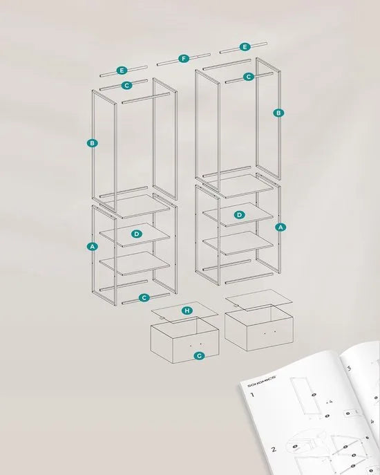 FurnStar Kledingrek – Open Kledingkast met 1 Uittrekbare Stang, 2 Lades & 4 Planken – Zeer Belastbaar – Ruimtebesparend – Voor Slaapkamer – Natuurlijk Beige