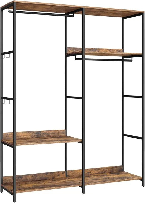 Furnstar Kledingrek open kledingrek kapstok met kledingstang planken afneembare haken 40 x 118 x 181 cm vintage bruin