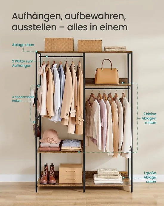 Furnstar Kledingrek open kledingrek kapstok met kledingstang planken afneembare haken 40 x 118 x 181 cm vintage bruin