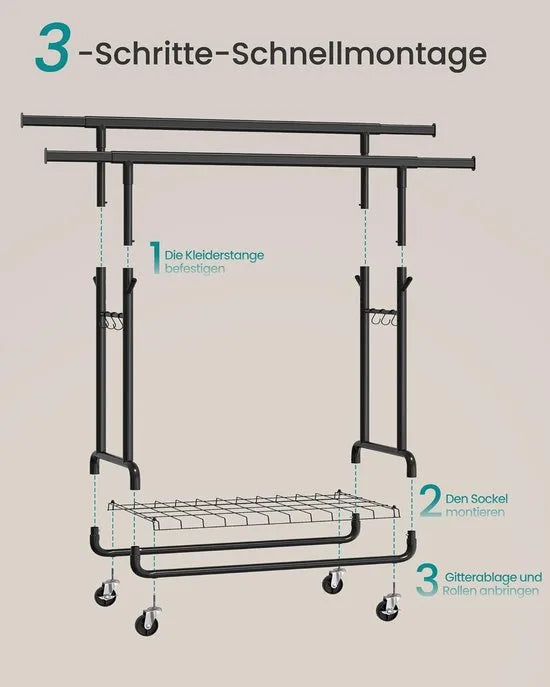 FurnStar Kledingrek - Zwaar Kapstokrek op Wieltjes - 2 Uittrekbare Kledingstangen - Verstelbare Hoogte - Met Plank & Haken -52,5 × (107–149,8) × (144,2–164,2) cm- Zwart