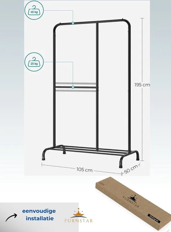 FurnStar - Kledingroede - Kledingrek - Max. Draagvermogen 100 kg - met verstelbare ophangrail - voor slaapkamer - woonkamer - hal - zwart