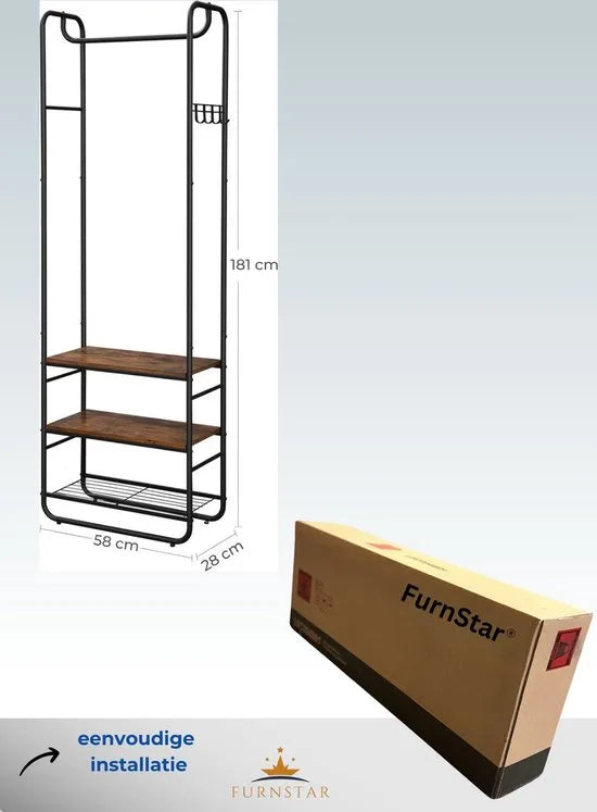 FurnStar - Kledingstandaard - Met Schoenenrek - Schoenenrek - 58 x 28 x 181 cm - Vintage Bruin - Zwart