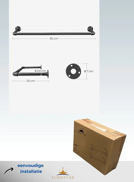 FurnStar kledingstang - 92 x 30 x 7,5 cm - Zwart - Metaal - Set van 2 stuks