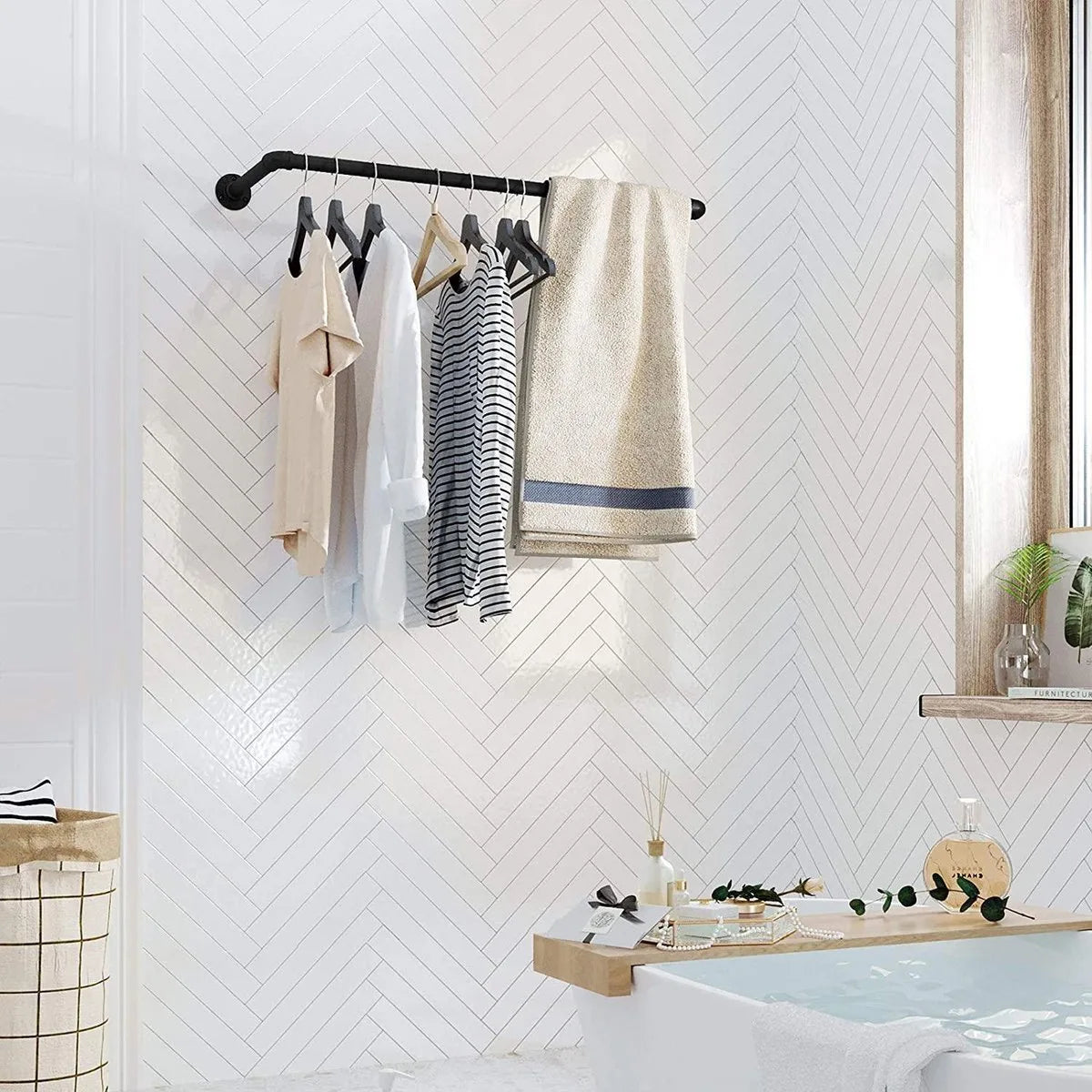 FurnStar kledingstang voor aan de muur - 92 x 30 x 7,5 cm - Zwart - Metaal
