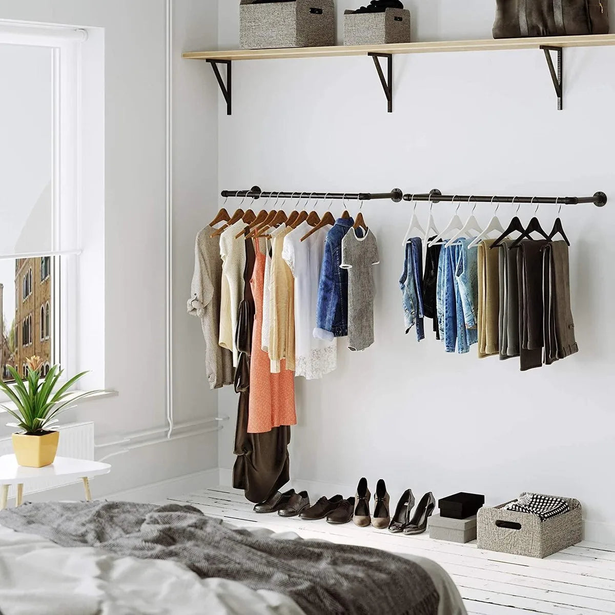 FurnStar kledingstang voor aan de muur - 92 x 30 x 7,5 cm - Zwart - Metaal