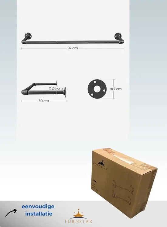 FurnStar kledingstang voor aan de muur - 92 x 30 x 7,5 cm - Zwart - Metaal