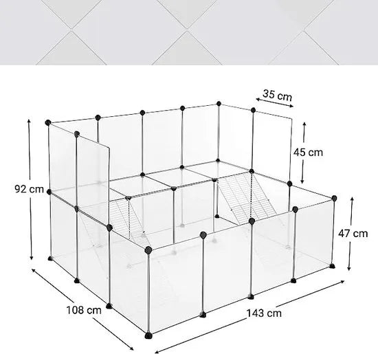 FurnStar - Kleindierverblijf - Modulaire omheining - konijnenhok - Cavia kooi - 2 Verdiepingen - 143x108x93cm - Wit