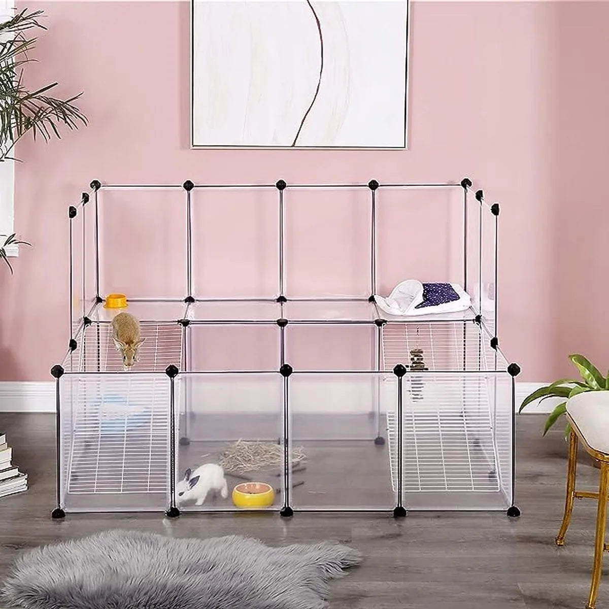 FurnStar - Kleindierverblijf - Modulaire omheining - konijnenhok - Cavia kooi - 2 Verdiepingen - 143x108x93cm - Wit