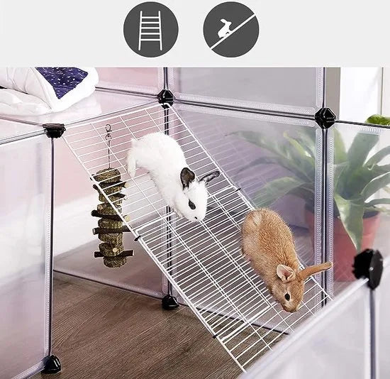 FurnStar - Kleindierverblijf - Modulaire omheining - konijnenhok - Cavia kooi - 2 Verdiepingen - 143x108x93cm - Wit