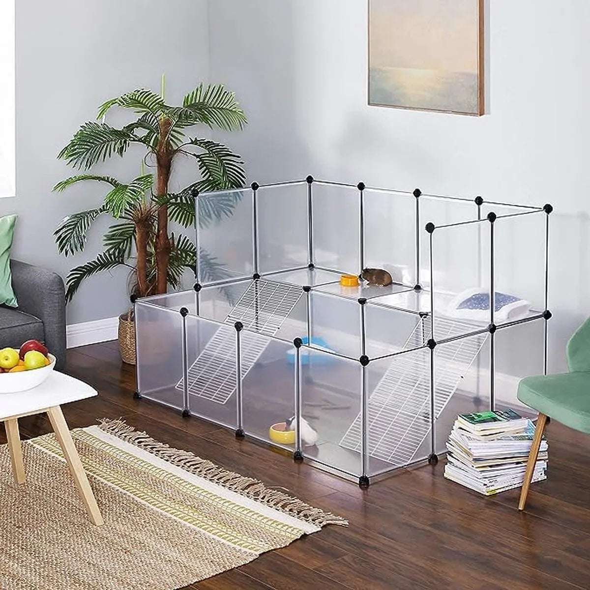 FurnStar - Kleindierverblijf - Modulaire omheining - konijnenhok - Cavia kooi - 2 Verdiepingen - 143x108x93cm - Wit