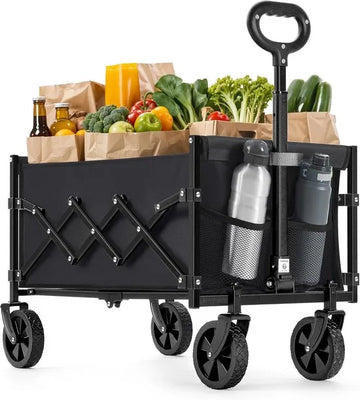 FurnStar Kleine Handwagen - Opvouwbaar - Tuinwagen - Compact - 180 kg Belastbaar - 90 L - 4 Versterkte Wielen - Inktzwart - Voor Tuin & Outdoor
