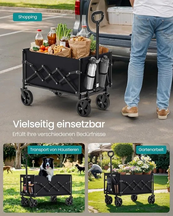 FurnStar Kleine Handwagen - Opvouwbaar - Tuinwagen - Compact - 180 kg Belastbaar - 90 L - 4 Versterkte Wielen - Inktzwart - Voor Tuin & Outdoor