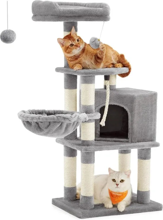 FurnStar - Krabpaal - 110 cm kattentoren voor binnenkatten - pluchen kattenhuis met krabplank - 9 krabpalen - zitstok - grot - ontwerp met meerdere niveaus - Grijs