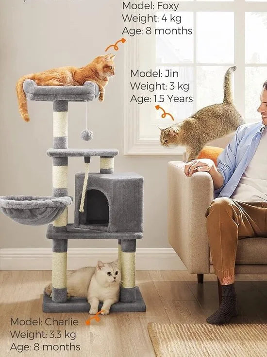 FurnStar - Krabpaal - 110 cm kattentoren voor binnenkatten - pluchen kattenhuis met krabplank - 9 krabpalen - zitstok - grot - ontwerp met meerdere niveaus - Grijs