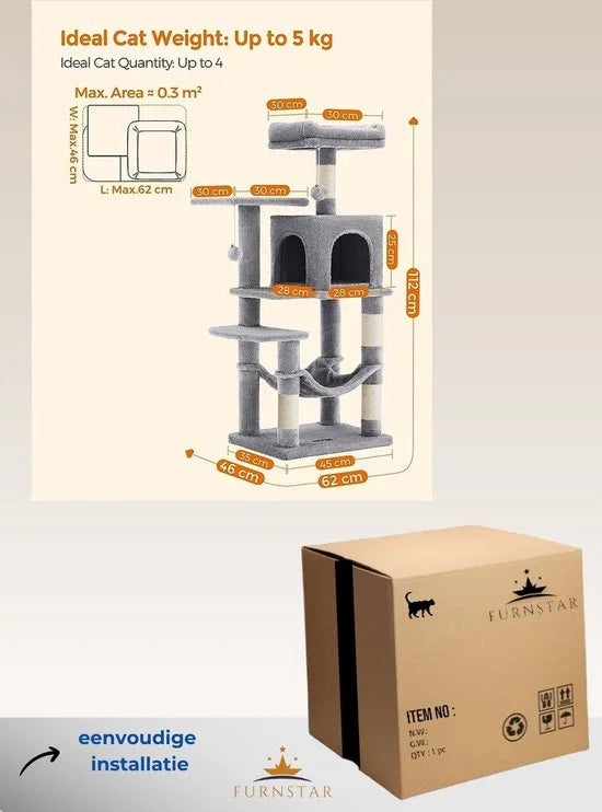 FurnStar - Krabpaal - 110 cm kattentoren voor binnenkatten - pluchen kattenhuis met krabplank - 9 krabpalen - zitstok - grot - ontwerp met meerdere niveaus - Grijs