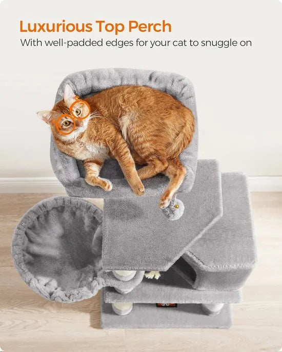 FurnStar - Krabpaal - 110 cm kattentoren voor binnenkatten - pluchen kattenhuis met krabplank - 9 krabpalen - zitstok - grot - ontwerp met meerdere niveaus - Grijs