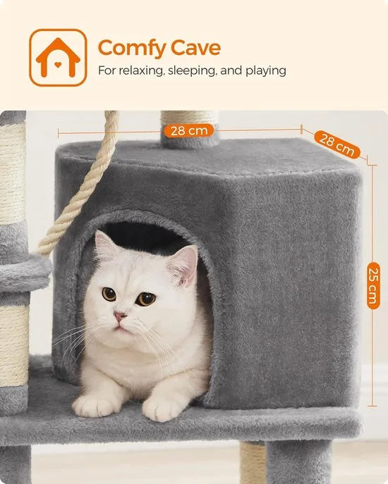 FurnStar - Krabpaal - 110 cm kattentoren voor binnenkatten - pluchen kattenhuis met krabplank - 9 krabpalen - zitstok - grot - ontwerp met meerdere niveaus - Grijs
