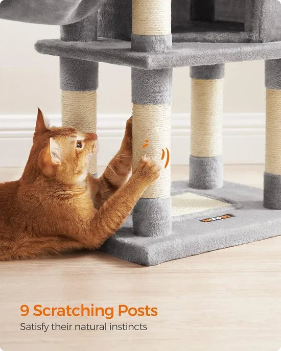 FurnStar - Krabpaal - 110 cm kattentoren voor binnenkatten - pluchen kattenhuis met krabplank - 9 krabpalen - zitstok - grot - ontwerp met meerdere niveaus - Grijs