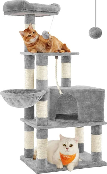 FurnStar - Krabpaal - 138 cm kattentoren voor binnenkatten - pluchen kattenhuis met krabplank - 9 krabpalen - zitstok - grot - ontwerp met meerdere niveaus - Grijs